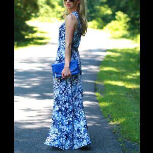 Peter Som Blue tie Dye Batik Print Floral Maxi Dress